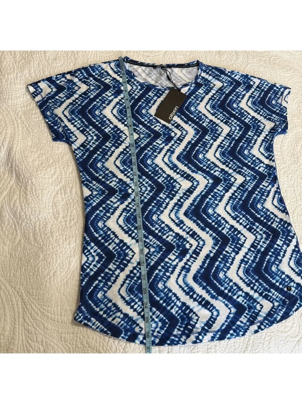 Olsen Blue White Tie Dye Chevron Short Sleeve Cotton Top T-Shirt Womens Size 6 - Picture 6 of 12